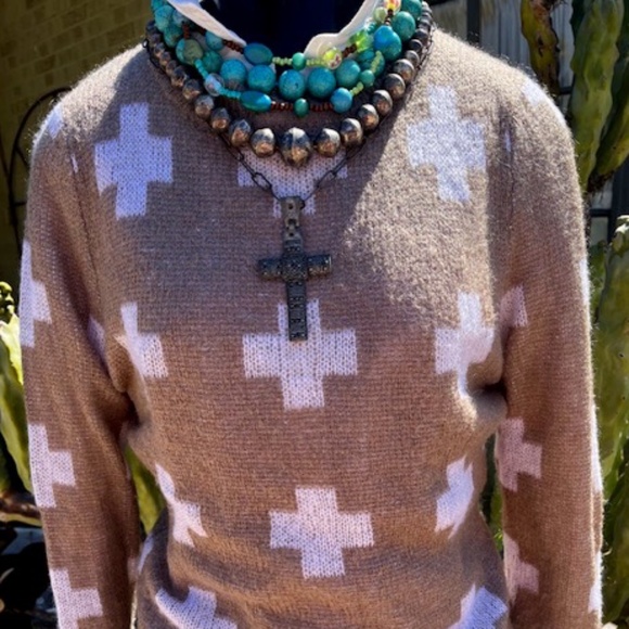 Women's - Press  "I Want You to Stay" Beige & White Cross Sweater - Small - Picture 1 of 16